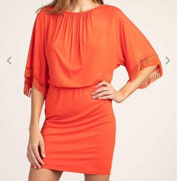 Nwt Trina Turk Bird of Paradise Dress Tiger Lily Orange Fringe Sleeve S - Picture 3 of 10